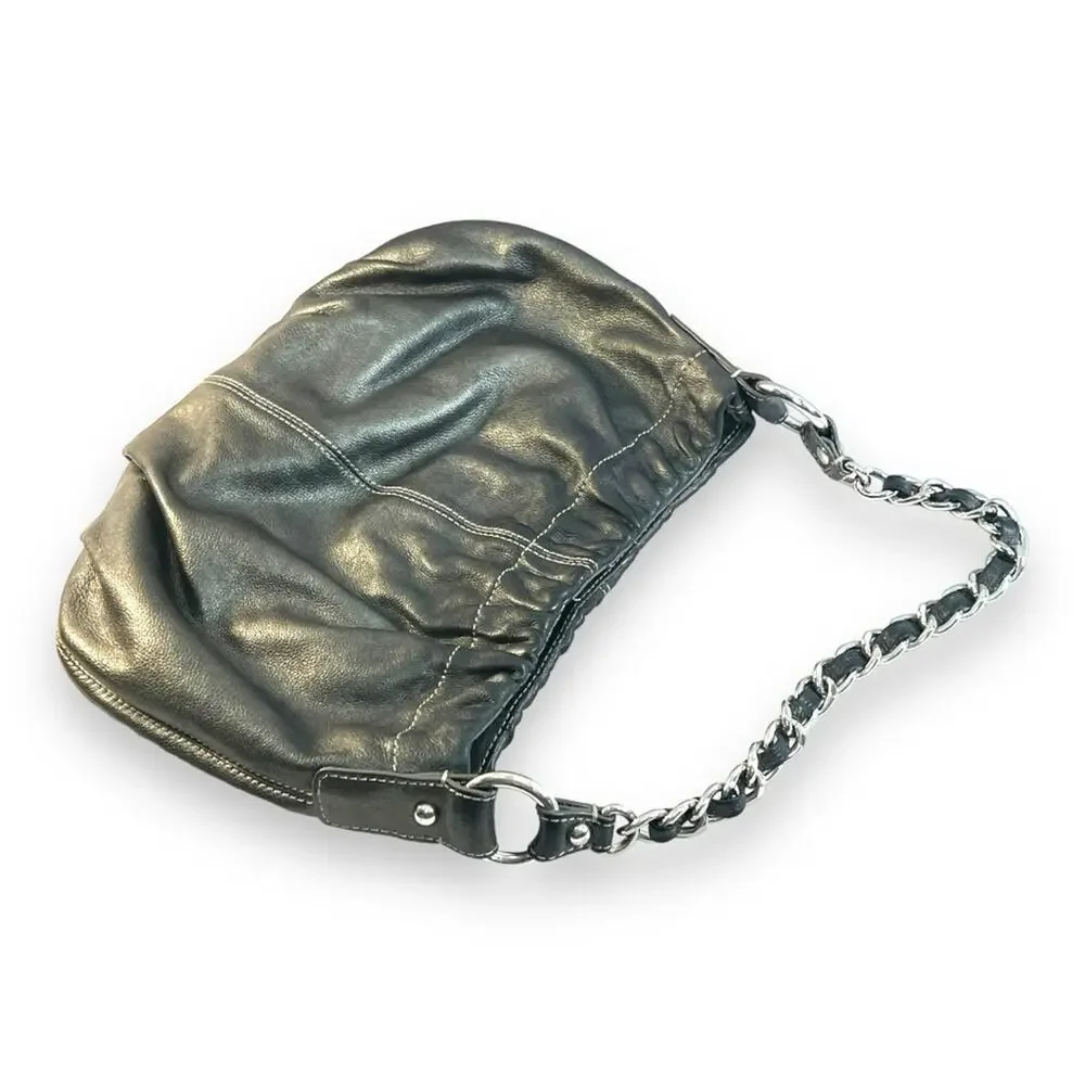 TALBOTS Metallic Gray Leather Hobo Shoulder Bag with Silver Tone Hardware